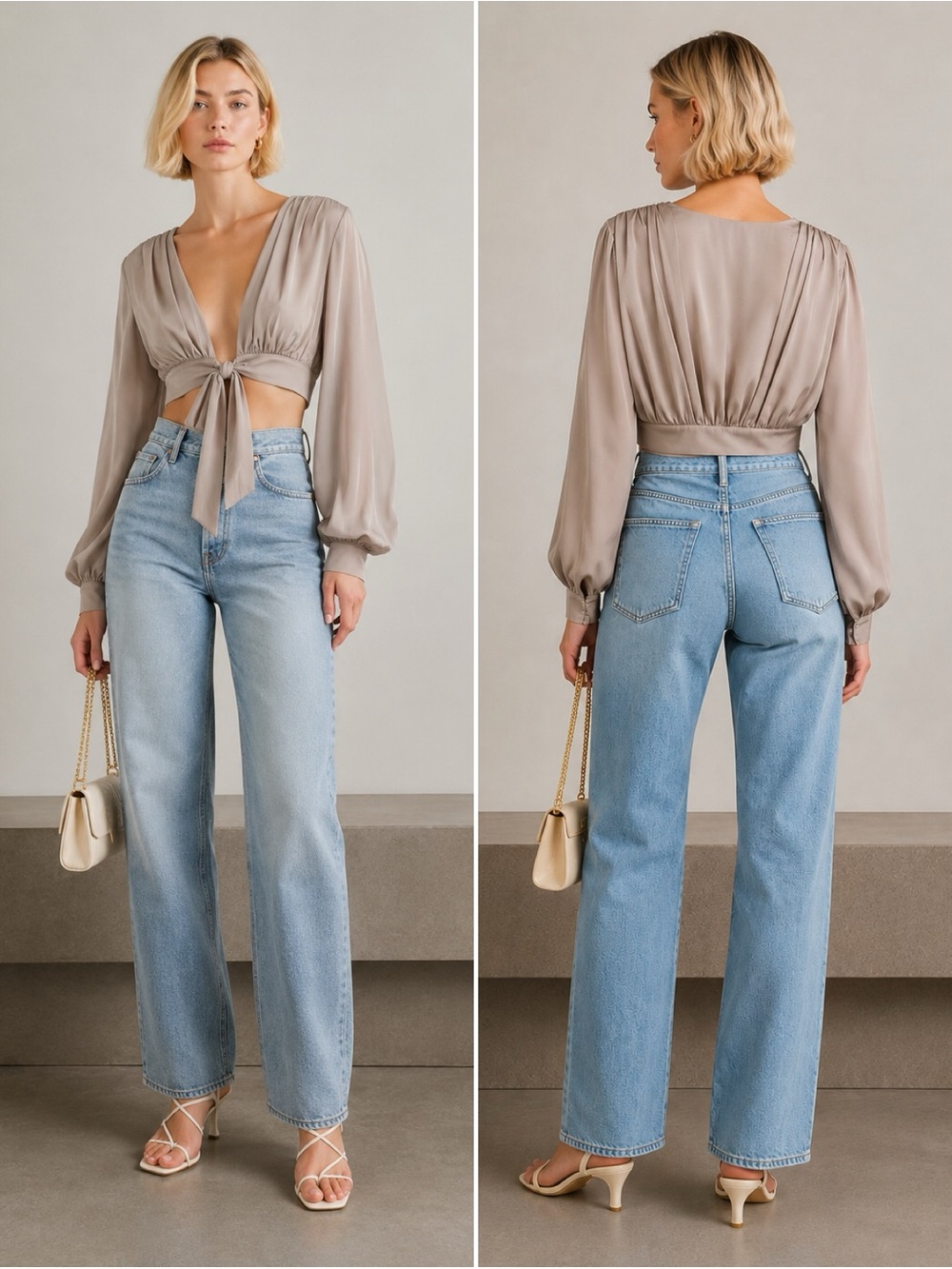 NBD Imogen Champagne Satin Tie Front Crop Top Blouse Small